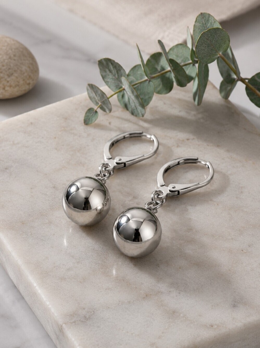 Polished Ball Drop Earrings Quiet Luxury Stainless Steel Silver Lever Back 1.2in